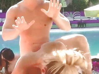 Amazing sexy Blondes public swingers orgy in pool