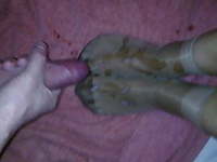 Footjob in tan sheer nylon socks stockings feet